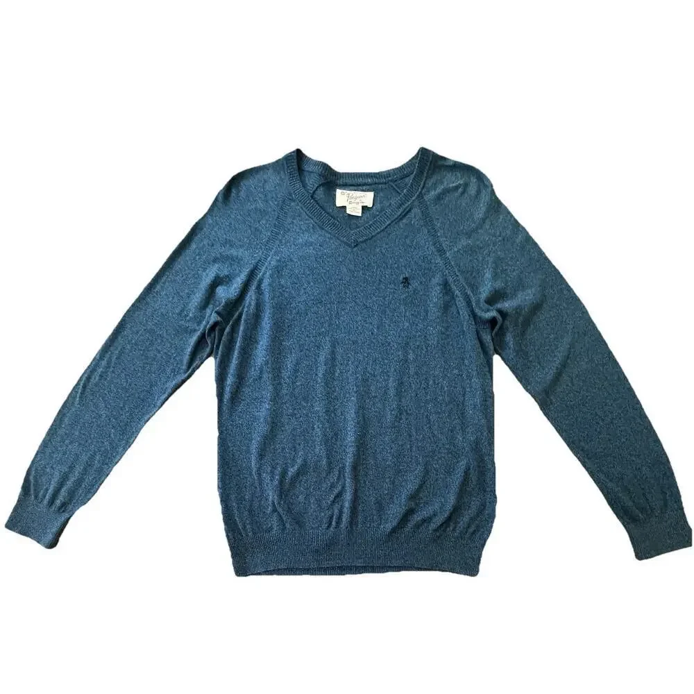 Penguin by Munsingwear Sweater Mens Pullover Blue V Neck 100% Pima Cotton, Large